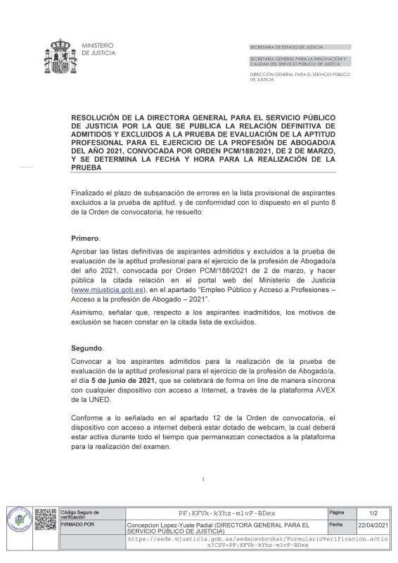 Publicada la resolución de admitidos y excluidos en la primera prueba de Acceso para la Profesión de Abogado del año 2021 y fecha de realización. - 2